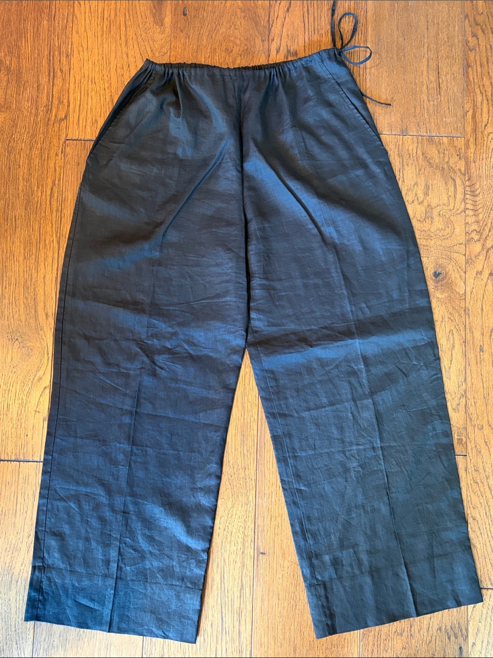 DKNY Classic Black Linen Super Wide Leg Side Tie Drawstring Pants, Size L - Picture 2 of 6